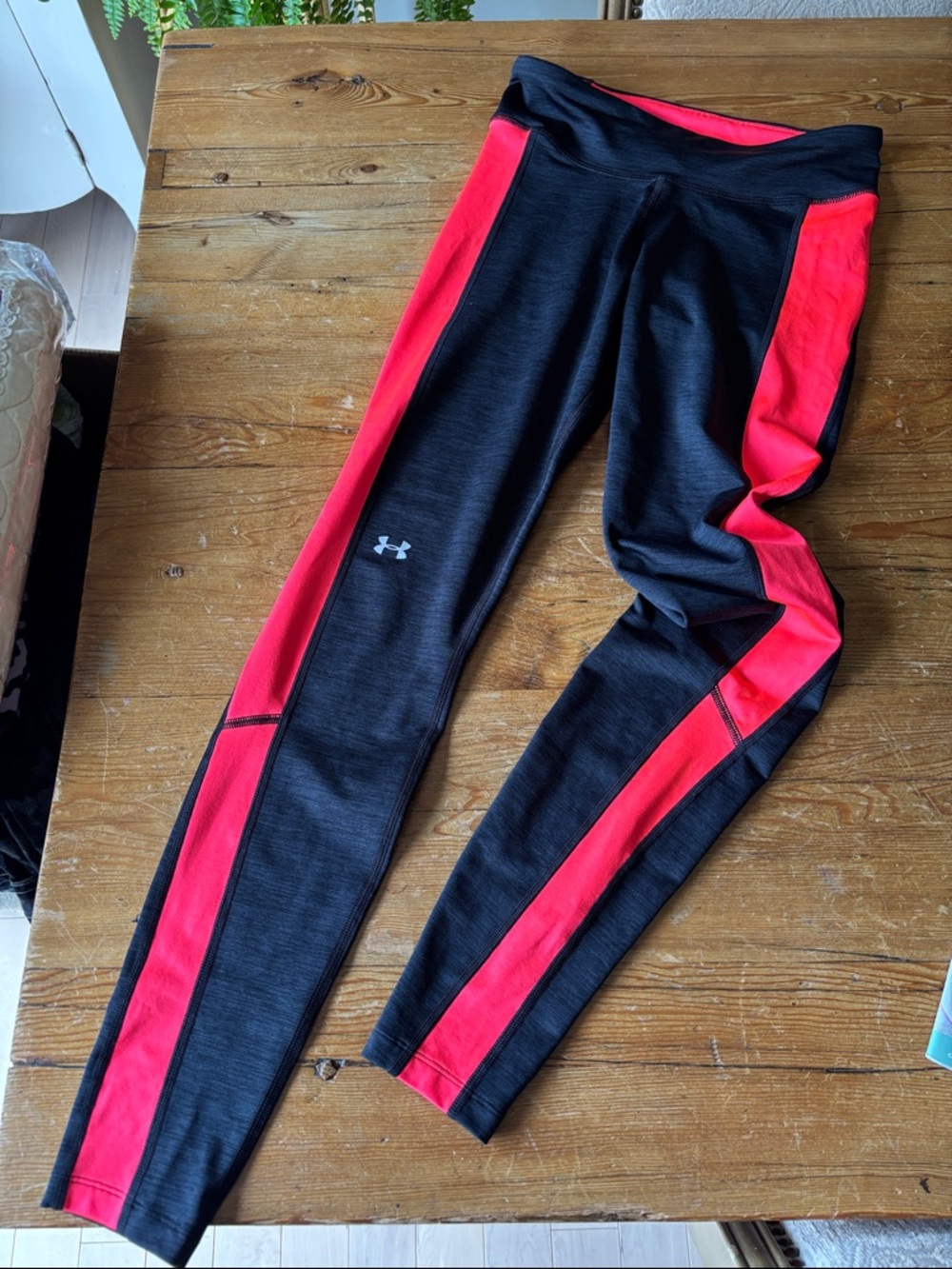 Under Armour Black Leggings with Neon orange/Hot Pink Side Stripes